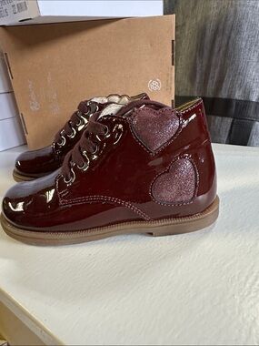 Alcott Kids Deep Red Patent Lace-Up Boots with Glitter Heart Accents